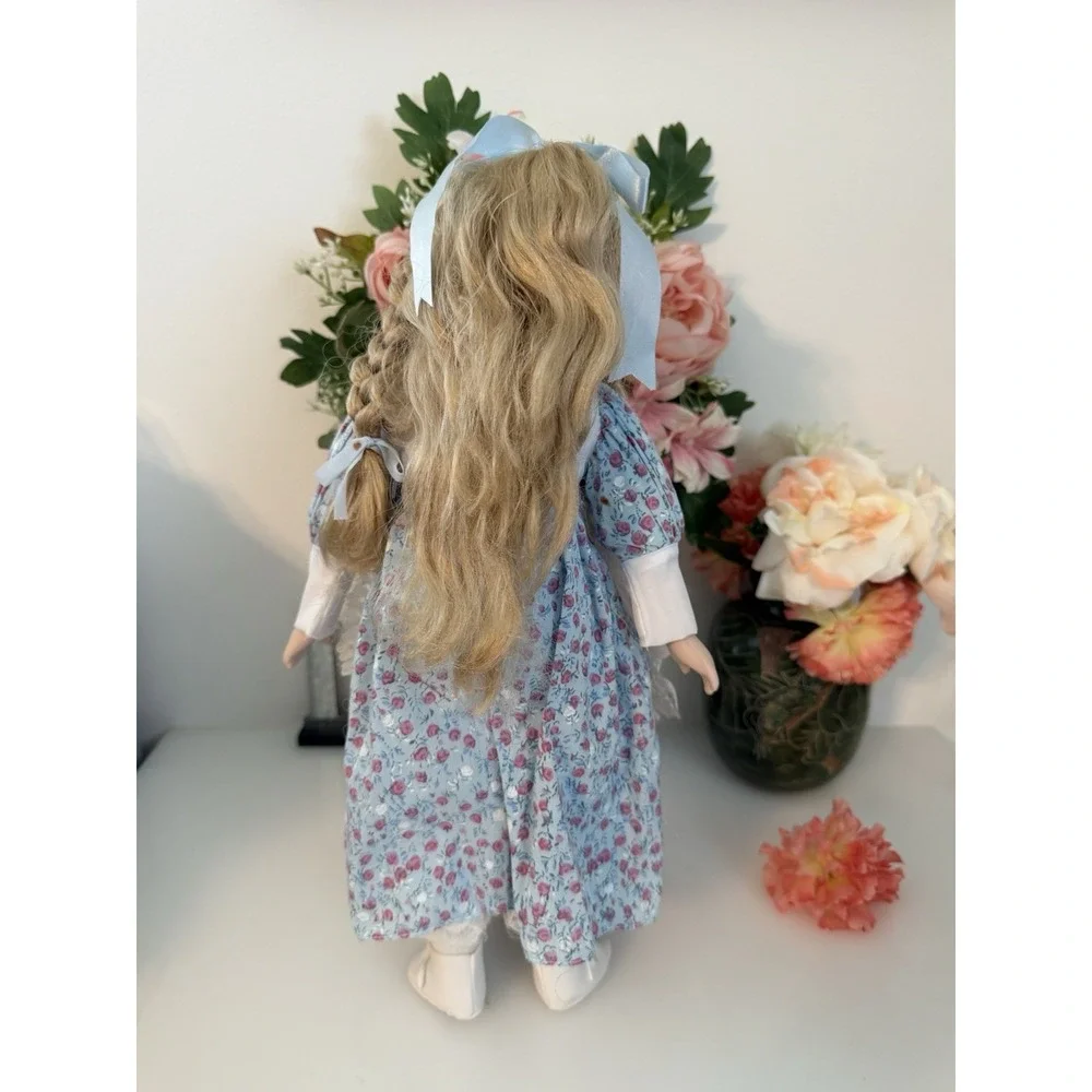 Porcelain Doll Blond Braids Hair Floral Print & White Lace Dress 16